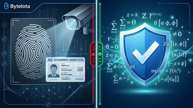 Split-screen illustration showing surveillance biometric scanning on the left versus privacy-preserving ZKP verification shield on the right, representing age verification developer compliance choices
