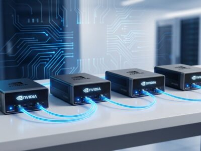 Four NVIDIA DGX Spark units connected in a multi-node cluster with blue fiber optic cables for local AI inference