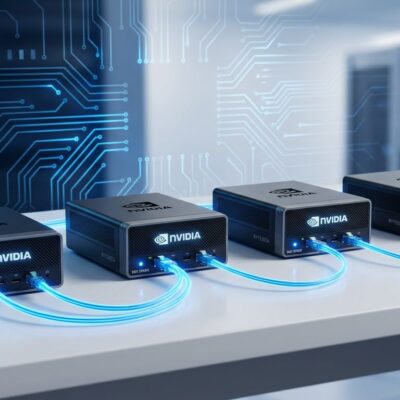 Four NVIDIA DGX Spark units connected in a multi-node cluster with blue fiber optic cables for local AI inference