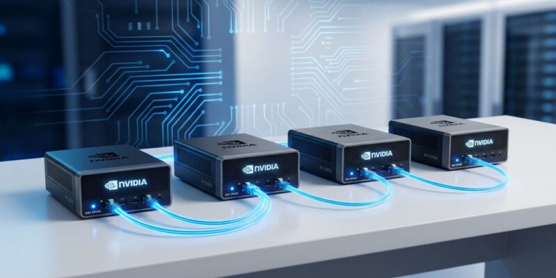 Four NVIDIA DGX Spark units connected in a multi-node cluster with blue fiber optic cables for local AI inference