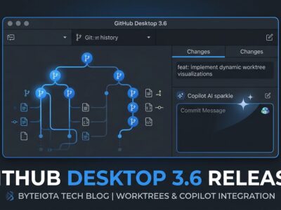 GitHub Desktop 3.6 interface showing Git worktrees toolbar dropdown, Copilot commit message generation, and merge conflict resolution features