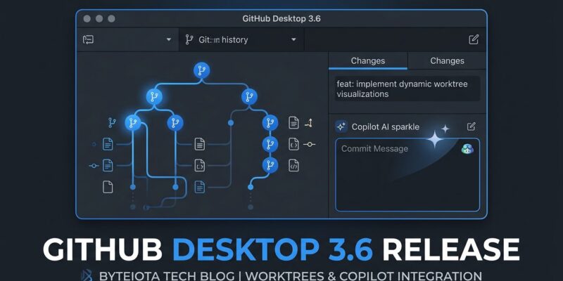 GitHub Desktop 3.6 interface showing Git worktrees toolbar dropdown, Copilot commit message generation, and merge conflict resolution features