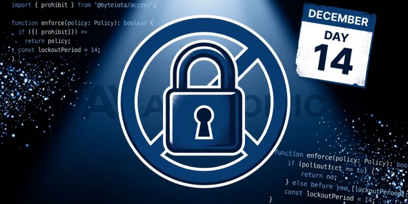 Lock symbol over code fragments representing Claude Fable 5 export ban Day 14