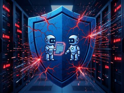 AI security agents signing a treaty while production burns — CVE-2026-LGTM incident illustration