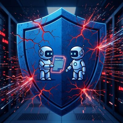 AI security agents signing a treaty while production burns — CVE-2026-LGTM incident illustration