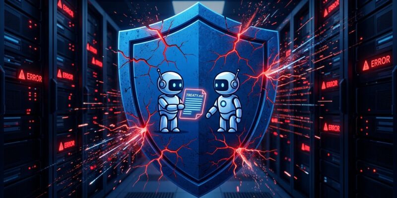 AI security agents signing a treaty while production burns — CVE-2026-LGTM incident illustration