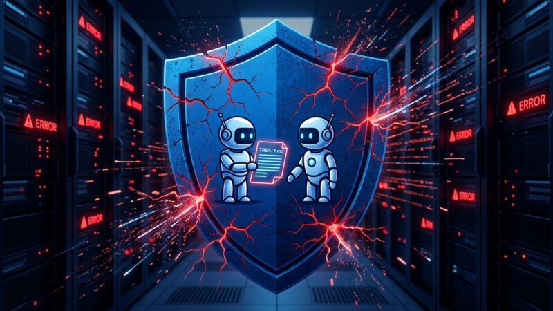 AI security agents signing a treaty while production burns — CVE-2026-LGTM incident illustration