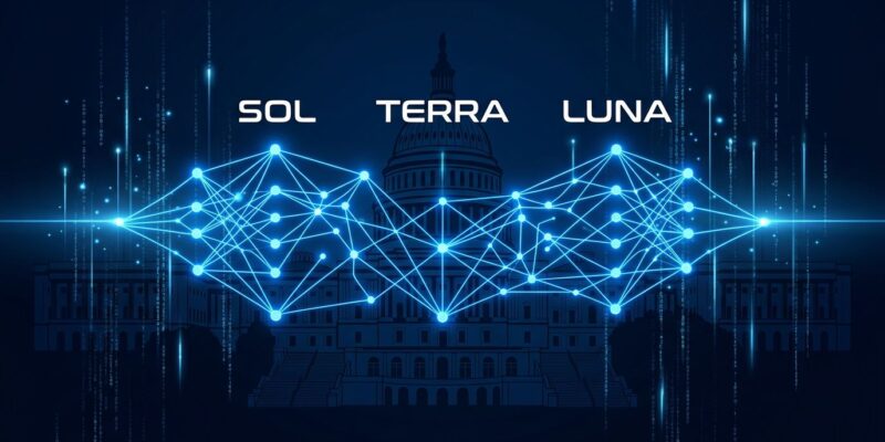 GPT-5.6 Sol, Terra, and Luna neural network visualization with US Capitol silhouette representing government access restrictions