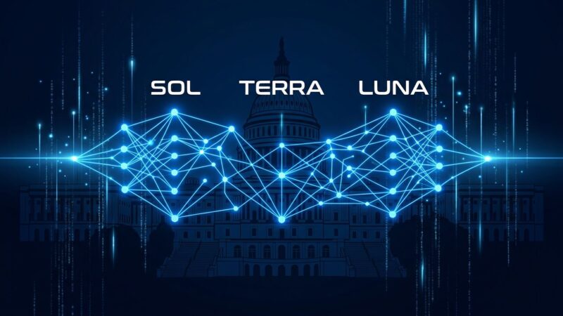 GPT-5.6 Sol, Terra, and Luna neural network visualization with US Capitol silhouette representing government access restrictions