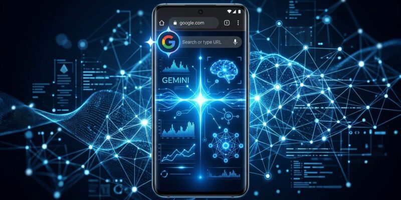 Chrome browser on Android showing Gemini AI interface with Auto Browse and Nano Banana features