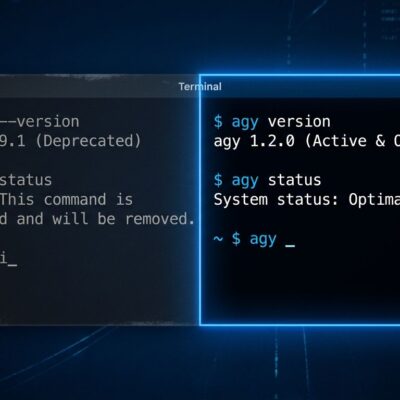 Split terminal screen showing deprecated Gemini CLI on the left and the new Antigravity CLI agy command on the right with ByteIota blue branding
