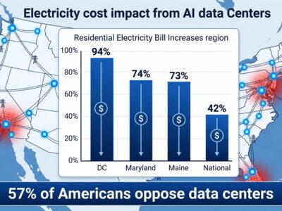 Bar chart showing residential electricity cost increases near AI data centers across US regions, with a map showing data center locations draining power grids