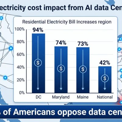 Bar chart showing residential electricity cost increases near AI data centers across US regions, with a map showing data center locations draining power grids