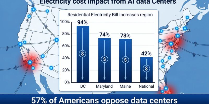 Bar chart showing residential electricity cost increases near AI data centers across US regions, with a map showing data center locations draining power grids