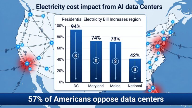 Bar chart showing residential electricity cost increases near AI data centers across US regions, with a map showing data center locations draining power grids