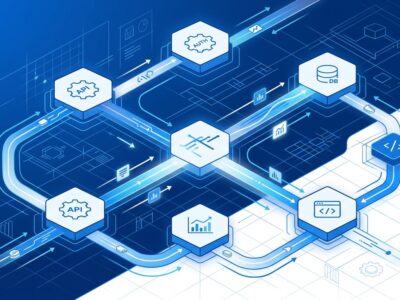 Abstract visualization of OpenTelemetry distributed tracing and observability blueprints with blue data streams connecting microservices