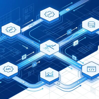 Abstract visualization of OpenTelemetry distributed tracing and observability blueprints with blue data streams connecting microservices