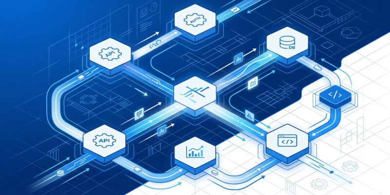 Abstract visualization of OpenTelemetry distributed tracing and observability blueprints with blue data streams connecting microservices