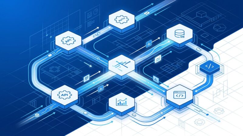 Abstract visualization of OpenTelemetry distributed tracing and observability blueprints with blue data streams connecting microservices