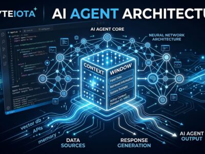 Diagram showing AI agent context window architecture with blue data streams and neural network nodes representing context engineering for production agents