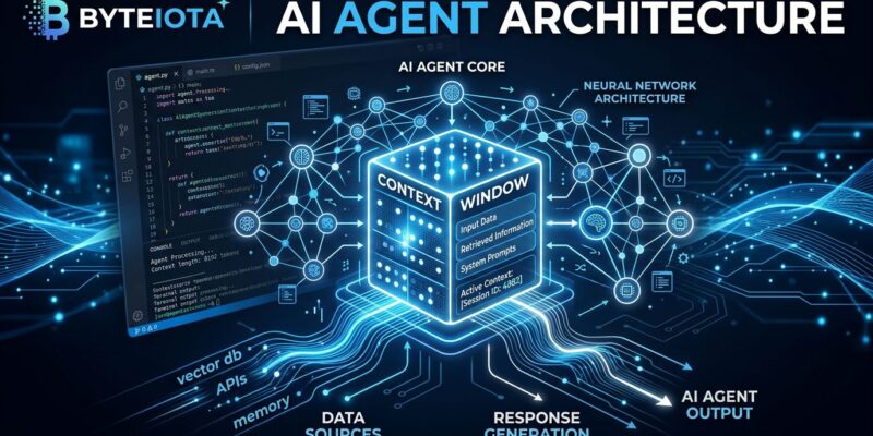 Diagram showing AI agent context window architecture with blue data streams and neural network nodes representing context engineering for production agents