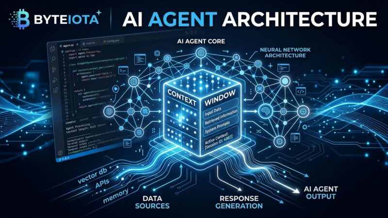 Diagram showing AI agent context window architecture with blue data streams and neural network nodes representing context engineering for production agents