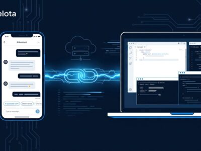 Developer using phone to control remote coding session via OpenAI Codex Remote - smartphone connected to laptop with cloud server in background