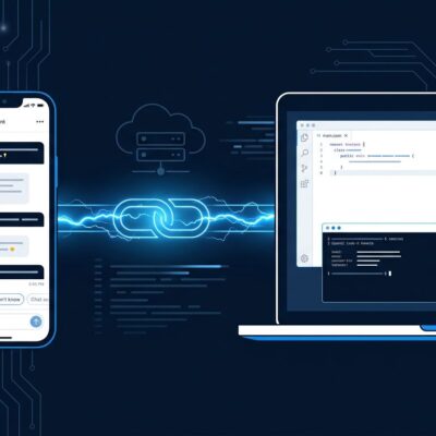 Developer using phone to control remote coding session via OpenAI Codex Remote - smartphone connected to laptop with cloud server in background