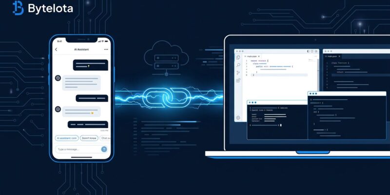 Developer using phone to control remote coding session via OpenAI Codex Remote - smartphone connected to laptop with cloud server in background