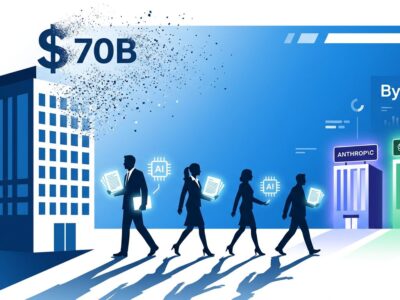 Four AI researcher silhouettes walking away from a corporate building with 70 billion dissolving into particles, representing Google DeepMind talent exodus to OpenAI and Anthropic