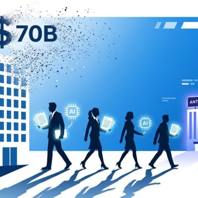 Four AI researcher silhouettes walking away from a corporate building with 70 billion dissolving into particles, representing Google DeepMind talent exodus to OpenAI and Anthropic
