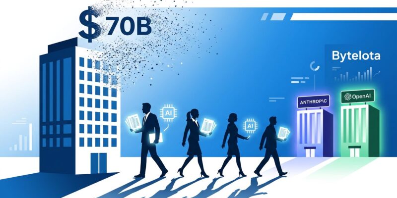 Four AI researcher silhouettes walking away from a corporate building with 70 billion dissolving into particles, representing Google DeepMind talent exodus to OpenAI and Anthropic