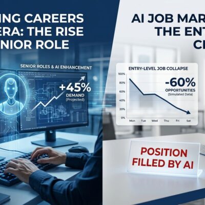 Chart showing senior engineering jobs are AI's most resilient category while entry-level hiring collapsed 65% - SignalFire 2026 data