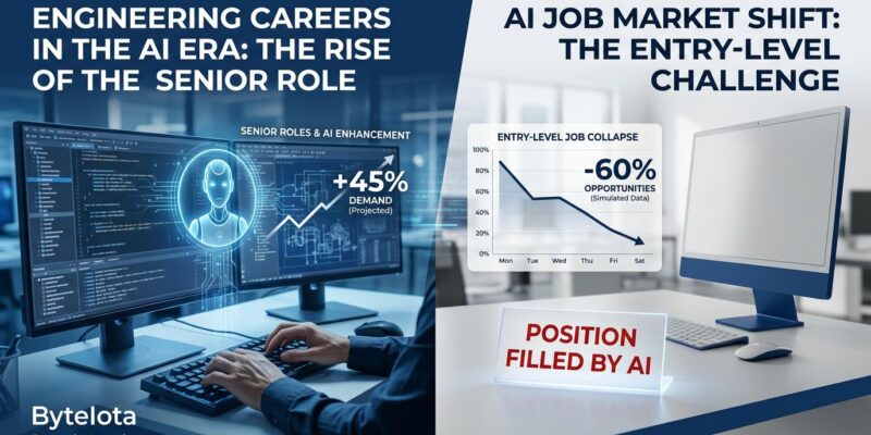 Chart showing senior engineering jobs are AI's most resilient category while entry-level hiring collapsed 65% - SignalFire 2026 data
