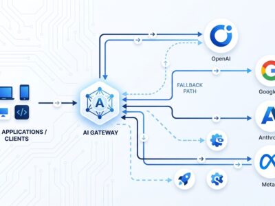 Multi-provider AI gateway architecture diagram showing routing, fallback tiers, and open-weight sovereign models