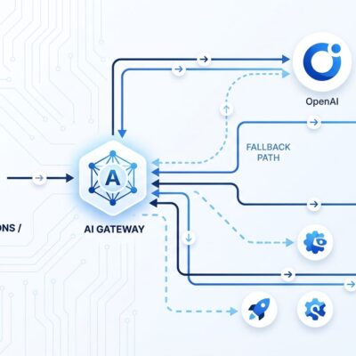 Multi-provider AI gateway architecture diagram showing routing, fallback tiers, and open-weight sovereign models