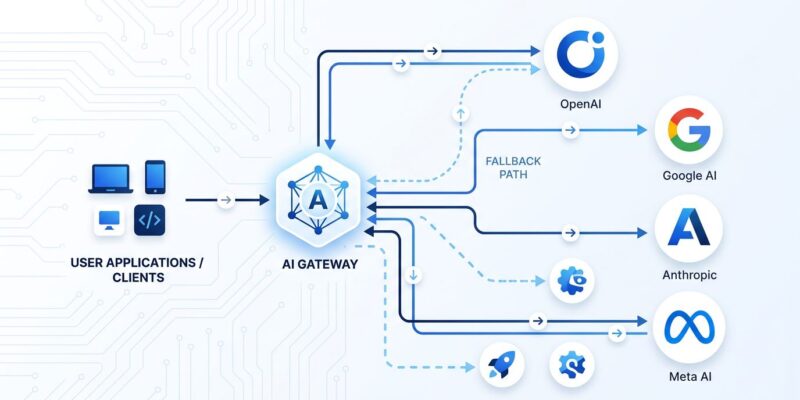 Multi-provider AI gateway architecture diagram showing routing, fallback tiers, and open-weight sovereign models
