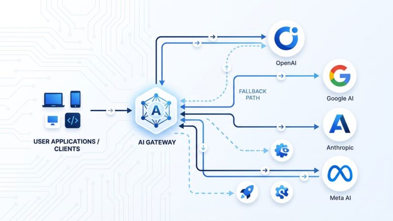 Multi-provider AI gateway architecture diagram showing routing, fallback tiers, and open-weight sovereign models