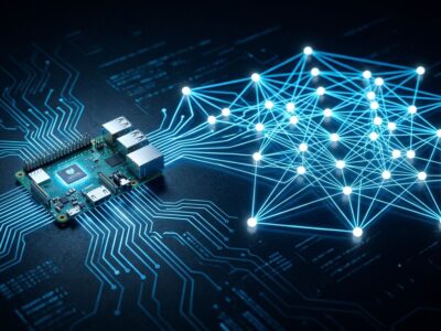 Raspberry Pi connected to neural network nodes representing Liquid AI LFM 2.5-230M non-transformer edge AI model
