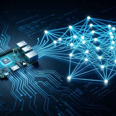 Raspberry Pi connected to neural network nodes representing Liquid AI LFM 2.5-230M non-transformer edge AI model