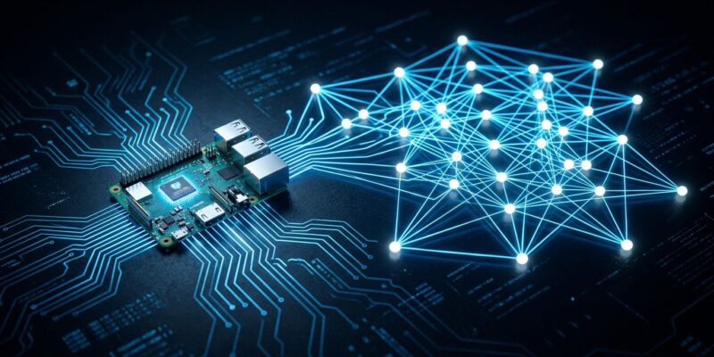 Raspberry Pi connected to neural network nodes representing Liquid AI LFM 2.5-230M non-transformer edge AI model