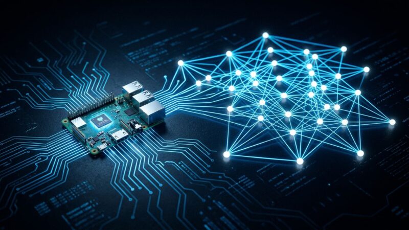 Raspberry Pi connected to neural network nodes representing Liquid AI LFM 2.5-230M non-transformer edge AI model