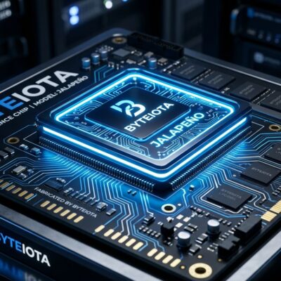 OpenAI Jalapeño custom AI inference chip glowing blue on circuit board