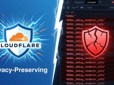Split-screen showing Cloudflare Turnstile privacy claims versus WebGL fingerprinting exposure