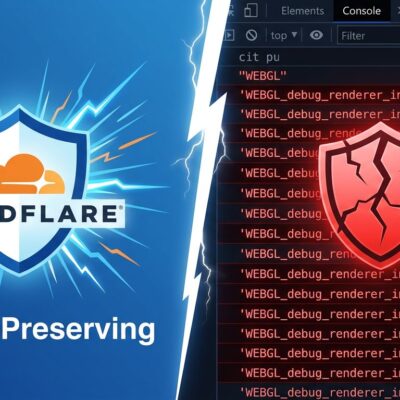 Split-screen showing Cloudflare Turnstile privacy claims versus WebGL fingerprinting exposure