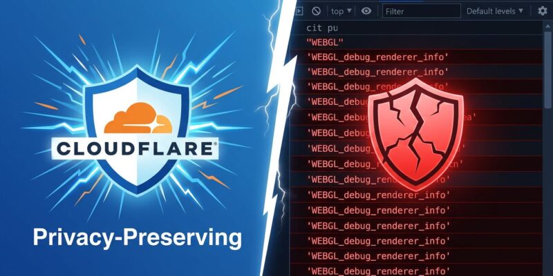 Split-screen showing Cloudflare Turnstile privacy claims versus WebGL fingerprinting exposure
