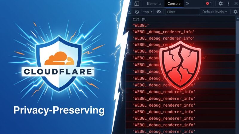Split-screen showing Cloudflare Turnstile privacy claims versus WebGL fingerprinting exposure