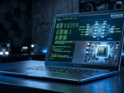 Nvidia RTX Spark laptop with CUDA code and neural network diagrams glowing in blue light