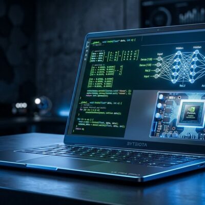Nvidia RTX Spark laptop with CUDA code and neural network diagrams glowing in blue light