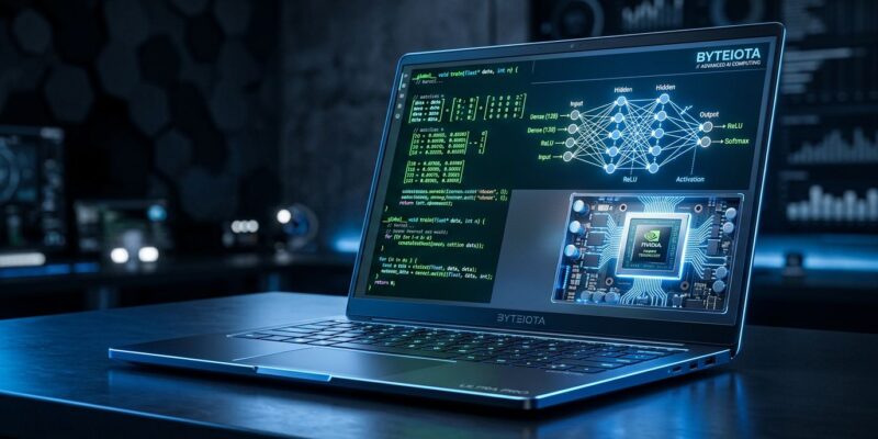 Nvidia RTX Spark laptop with CUDA code and neural network diagrams glowing in blue light
